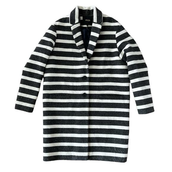 Maje Goelette Charcoal & Off White Striped Woven Coat size small - Picture 2 of 16